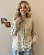 Cardigan da Donna in Maglia Lavorata con Volant a Balze | Giacca Aperta Elegante a Maniche Lunghe con Bottoni Delicati