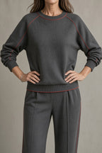 Completo da Donna Elegante in Maglia con Profili a Contrasto | Set Coordinato 2 Pezzi Top Girocollo e Pantaloni a Gamba Dritta