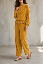 Completo da Donna in Velluto Morbido con Volant | Set Coordinato 2 Pezzi Felpa Girocollo con Balza e Pantaloni Ampi