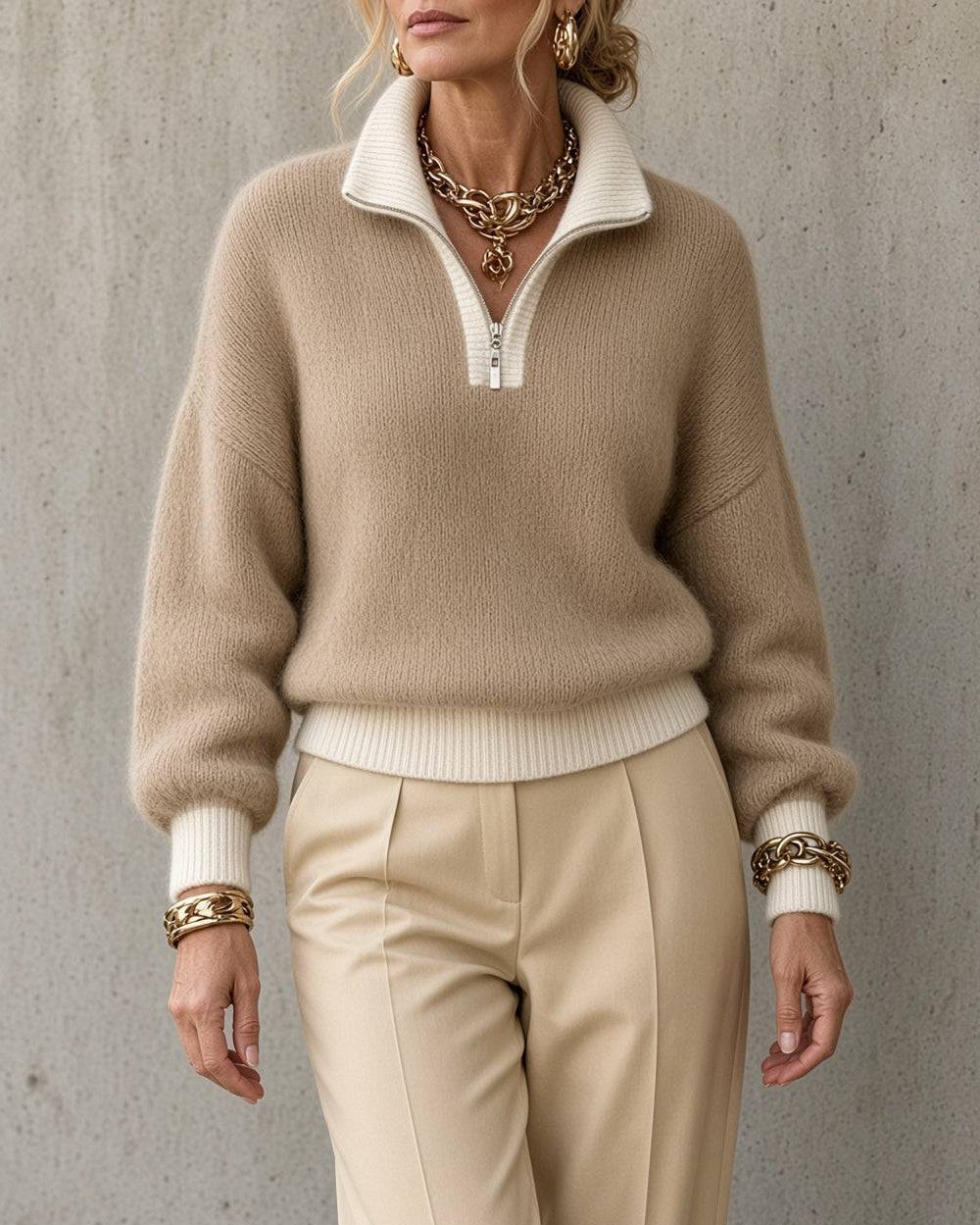 Maglione da Donna con Mezza Zip e Colletto a Revers con Profili a Contrasto | Pullover Caldo Invernale Sagomato con Cursore ad Anello