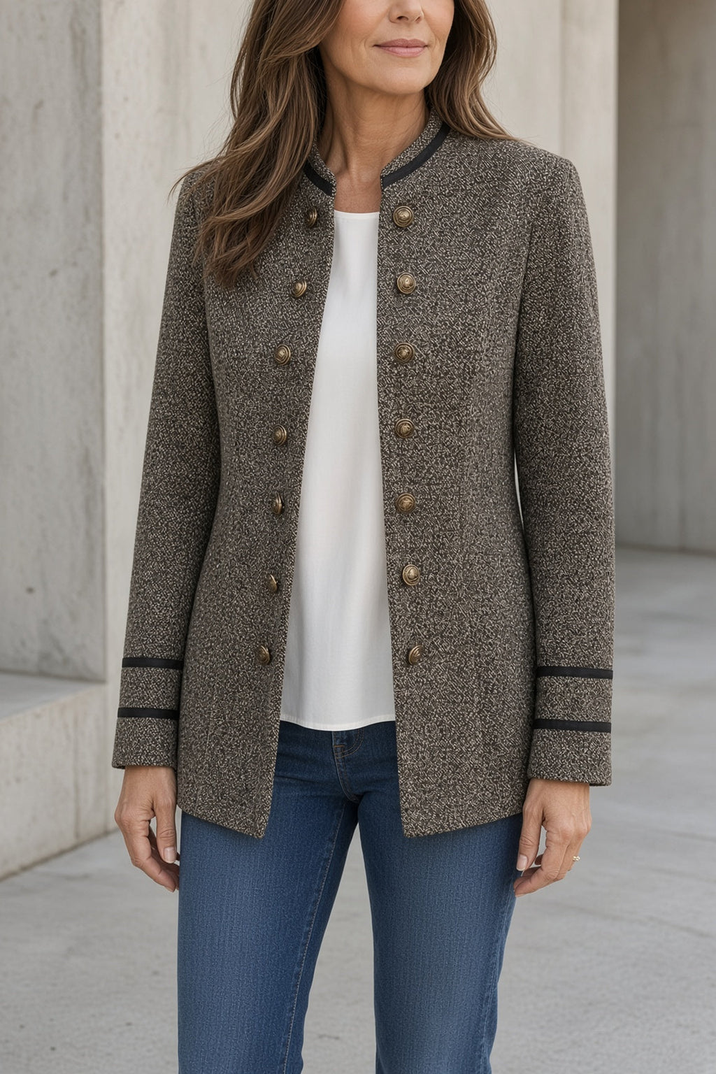 Giacca Blazer Elegante da Donna in Tessuto Effetto Tweed con Bottoni Dorati | Giacca Strutturata con Colletto Rialzato e Profili a Contrasto
