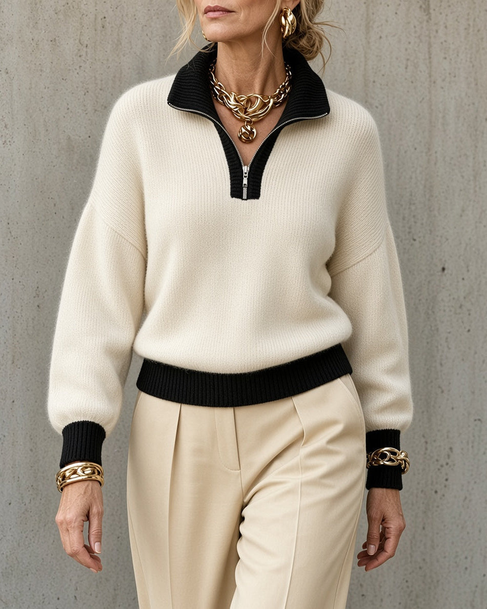 Maglione da Donna con Mezza Zip e Colletto a Revers con Profili a Contrasto | Pullover Caldo Invernale Sagomato con Cursore ad Anello