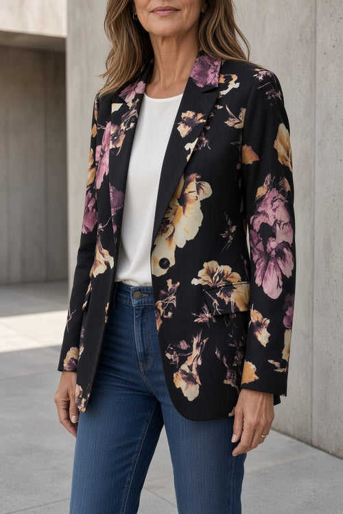Blazer Elegante da Donna con Stampa Floreale Artistica | Giacca Sartoriale Monopetto con Revers e Tasche con Pattina