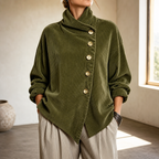 Top da Donna in Velluto a Coste Asimmetrico con Collo a Imbuto | Camicia Morbida a Maniche Lunghe con Bottoni Diagonali e Tasche