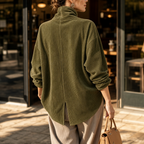 Top da Donna in Velluto a Coste Asimmetrico con Collo a Imbuto | Camicia Morbida a Maniche Lunghe con Bottoni Diagonali e Tasche