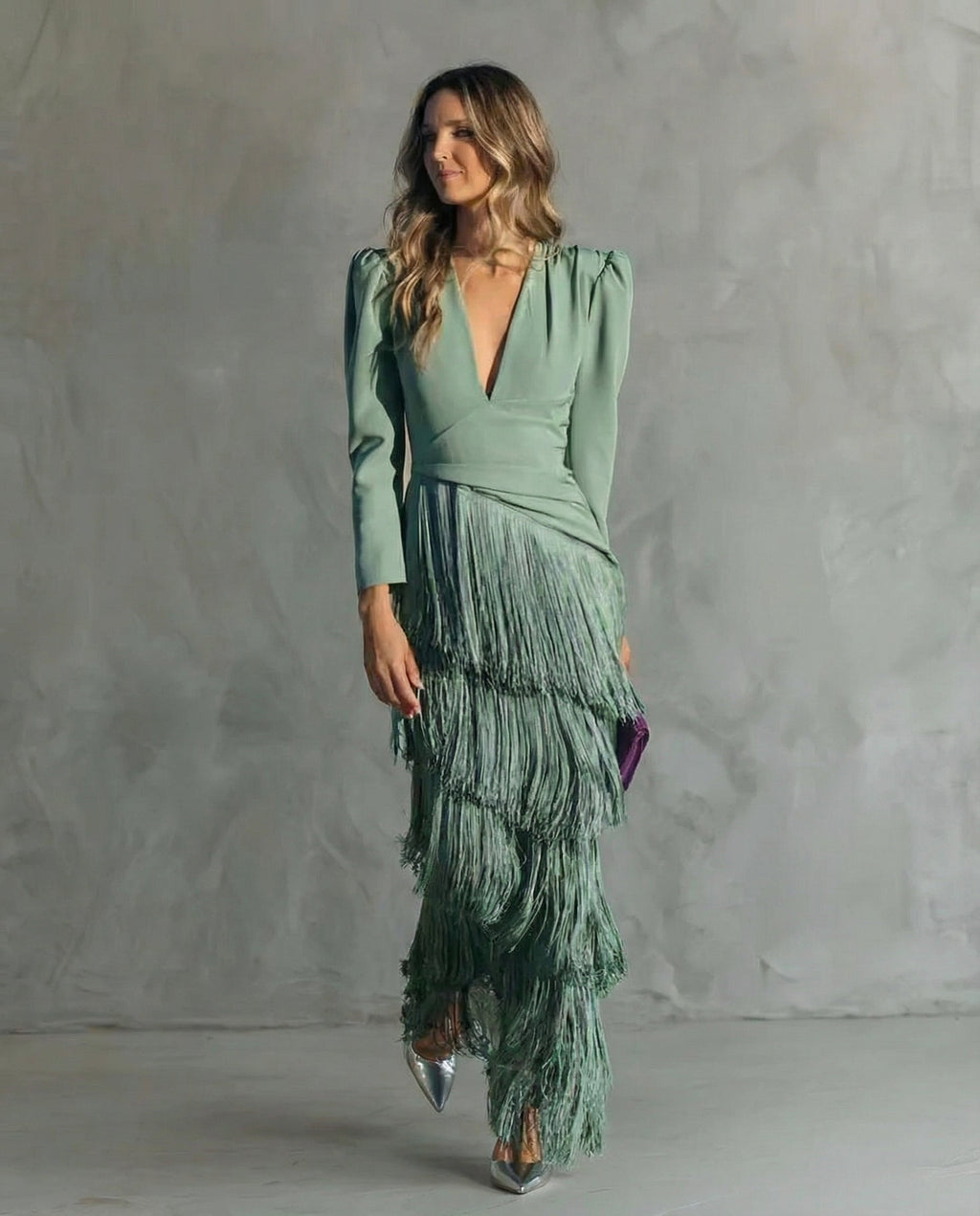 Abito Midi Elegante da Donna con Maniche a Frange | Cerimonia e Sera