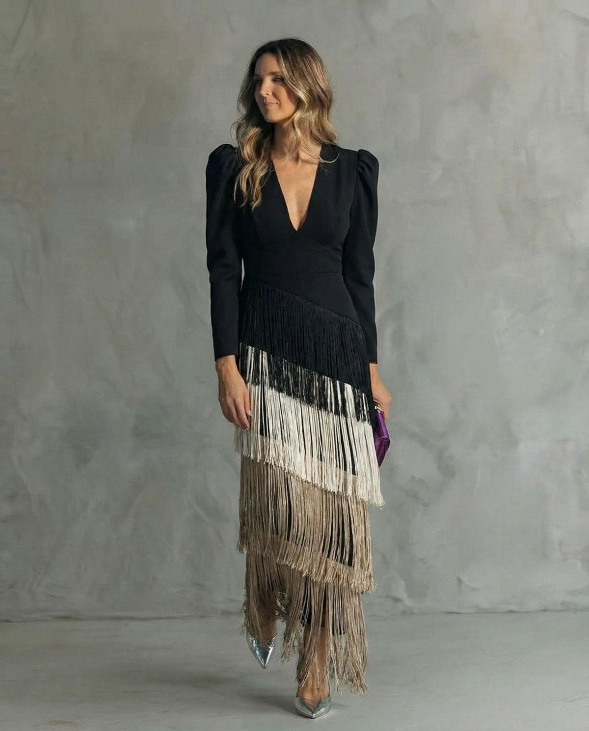 Abito Midi Elegante da Donna con Maniche a Frange | Cerimonia e Sera