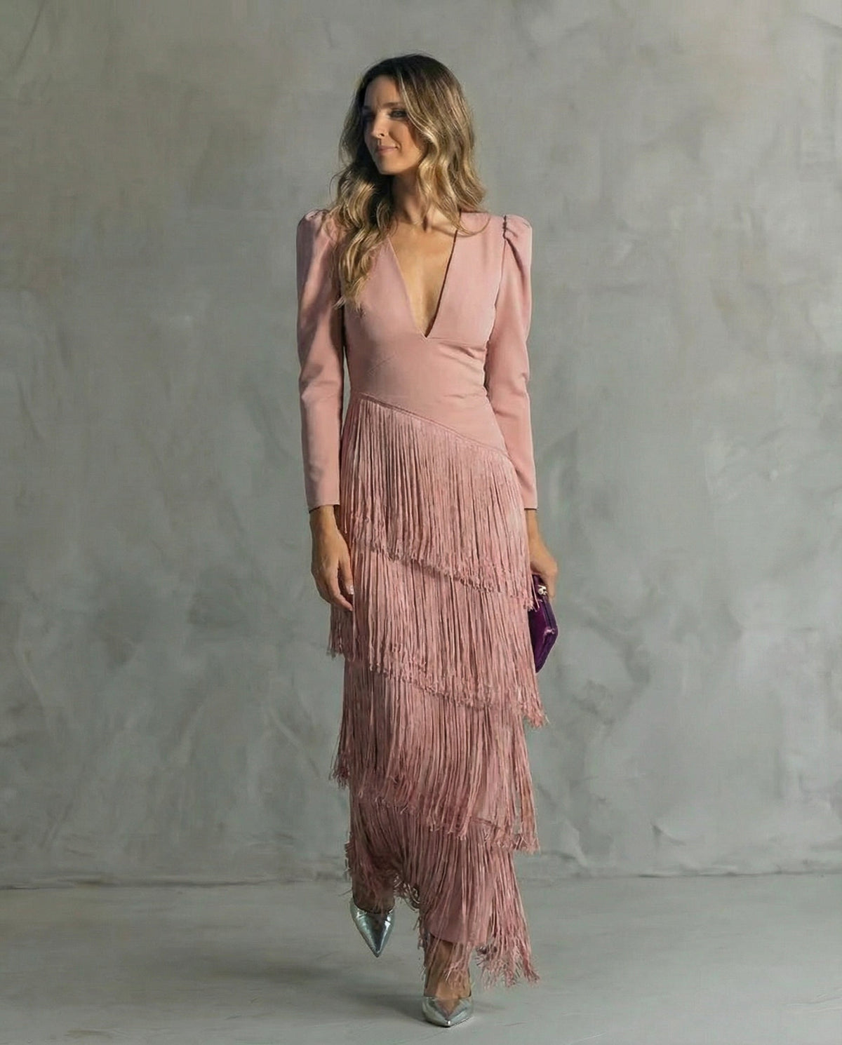 Abito Midi Elegante da Donna con Maniche a Frange | Cerimonia e Sera