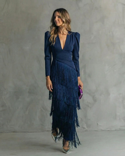 Abito Midi Elegante da Donna con Maniche a Frange | Cerimonia e Sera