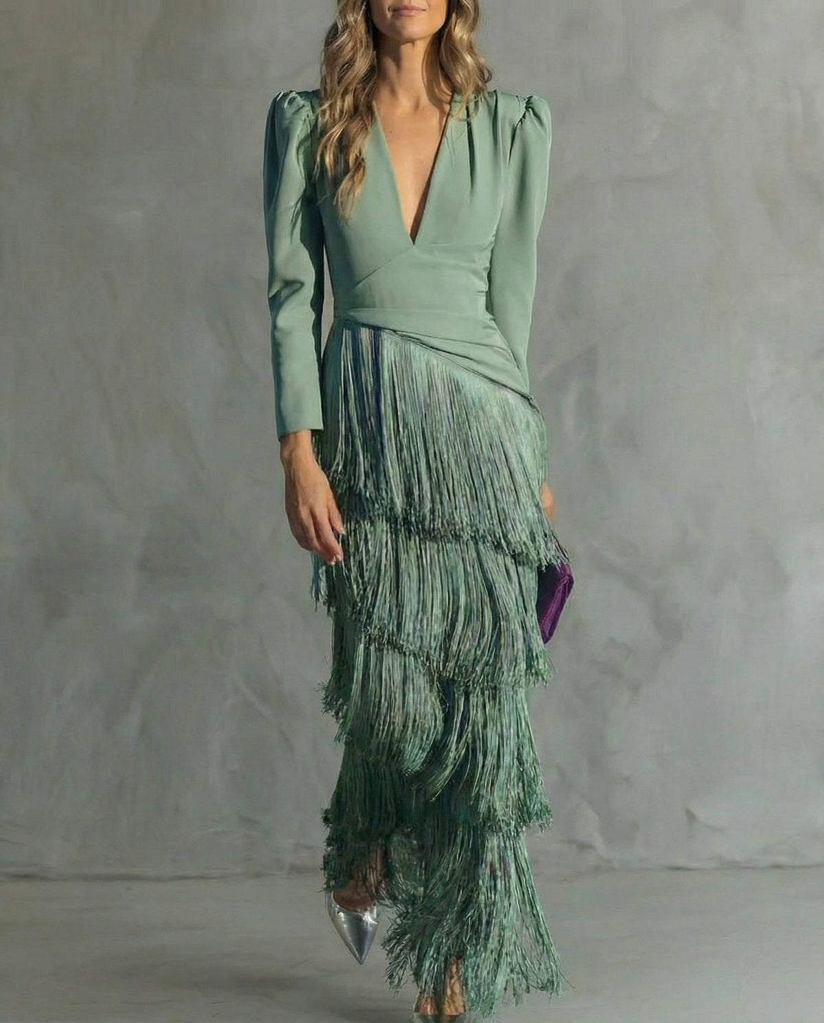 Abito Midi Elegante da Donna con Maniche a Frange | Cerimonia e Sera