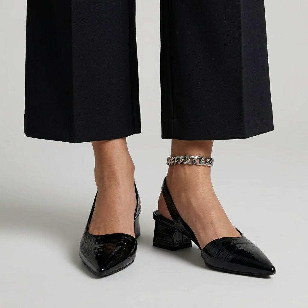 Scarpe con Tacco da Donna Slingback Ortopediche Effetto Coccodrillo | Décolleté Aperte Dietro a Punta con Tacco a Blocco Basso e Supporto Plantare