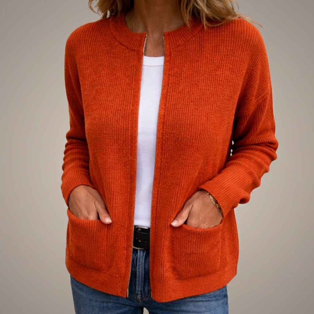 Cardigan donna in maglia con zip e tasche