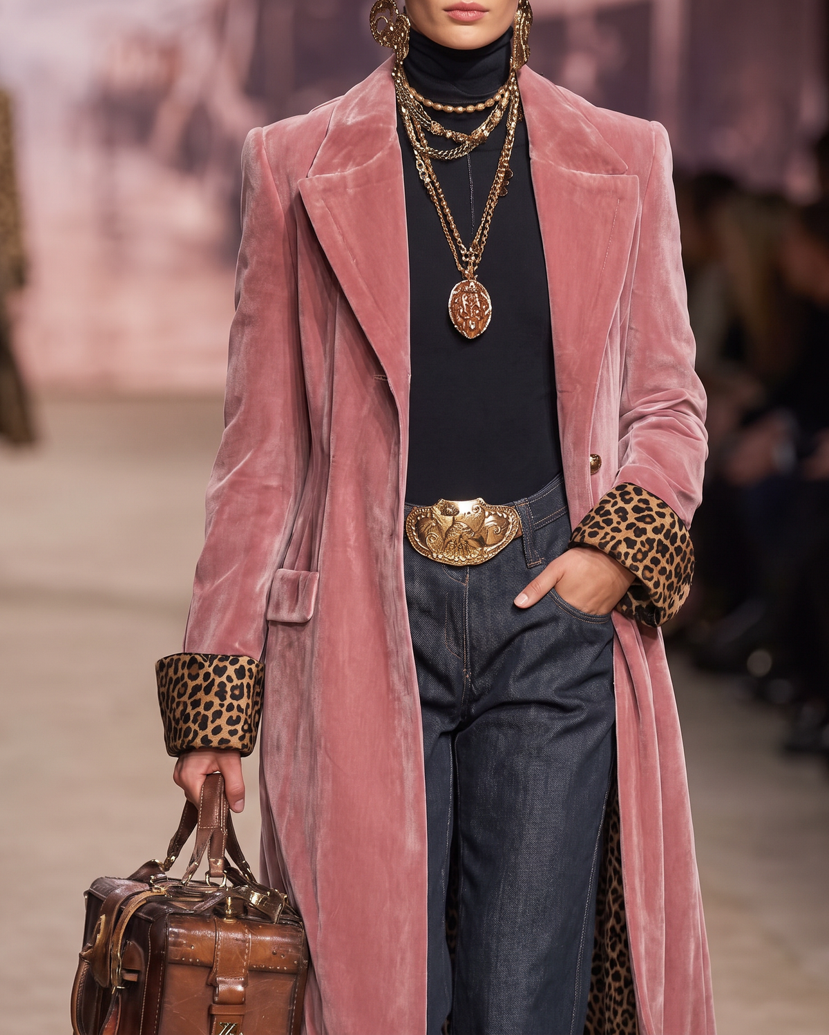 Cappotto lungo sartoriale in velluto donna con fodera leopardata