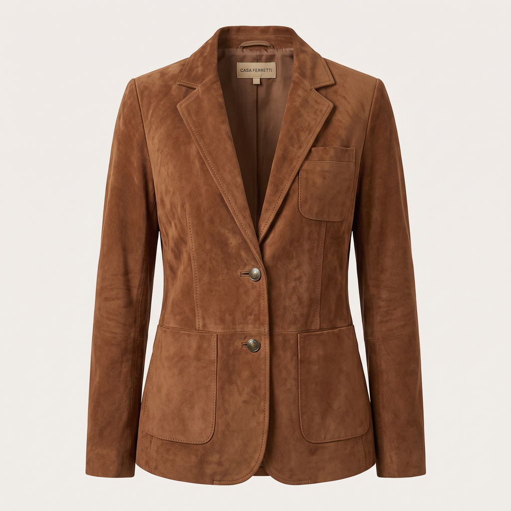 Blazer da Donna Effetto Scamosciato con Impunture a Contrasto | Giacca Sartoriale Monopetto a Due Bottoni con Revers e Tasche Applicate