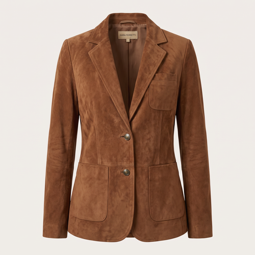 Blazer da Donna Effetto Scamosciato con Impunture a Contrasto | Giacca Sartoriale Monopetto a Due Bottoni con Revers e Tasche Applicate