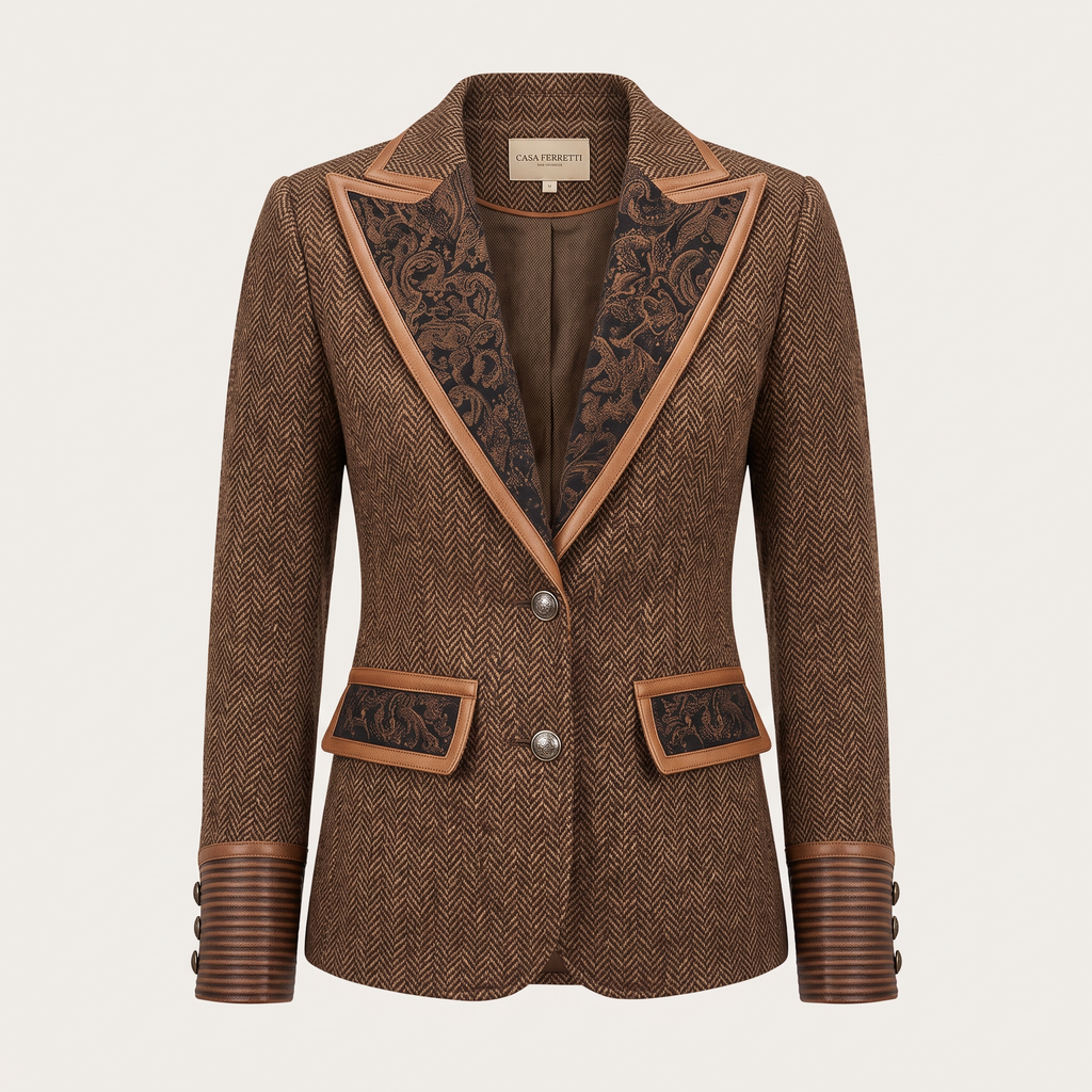 Blazer Sartoriale da Donna con Inserti Geometrici a Zigzag e Profili a Contrasto | Giacca Strutturata a Spina di Pesce a Due Bottoni con Tasche