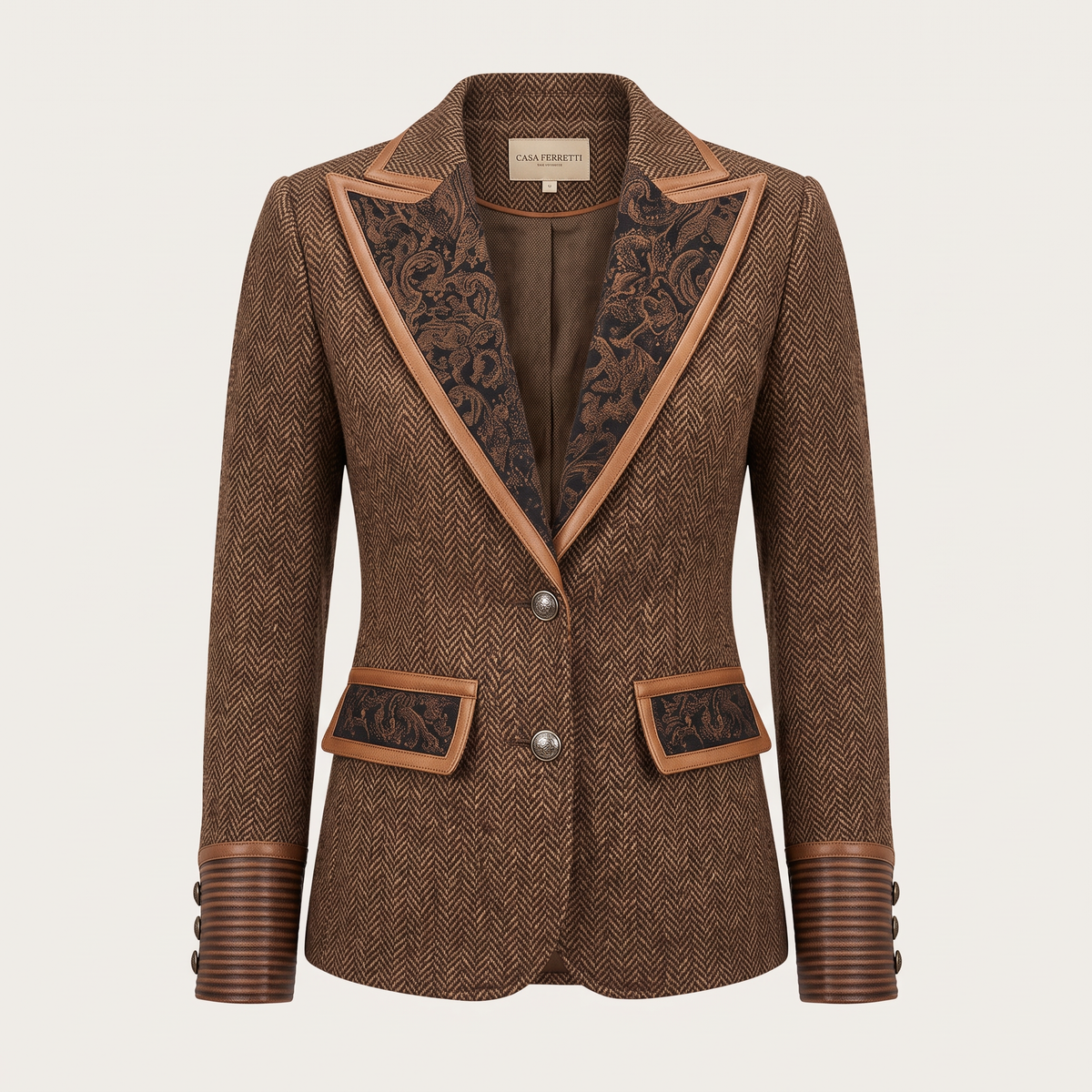 Blazer Sartoriale da Donna con Inserti Geometrici a Zigzag e Profili a Contrasto | Giacca Strutturata a Spina di Pesce a Due Bottoni con Tasche