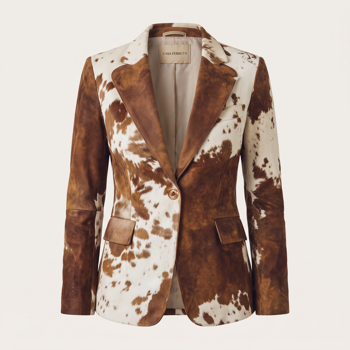 Blazer Sartoriale da Donna con Stampa Muccata Vintage | Giacca Monopetto Strutturata con Revers e Tasche con Pattina