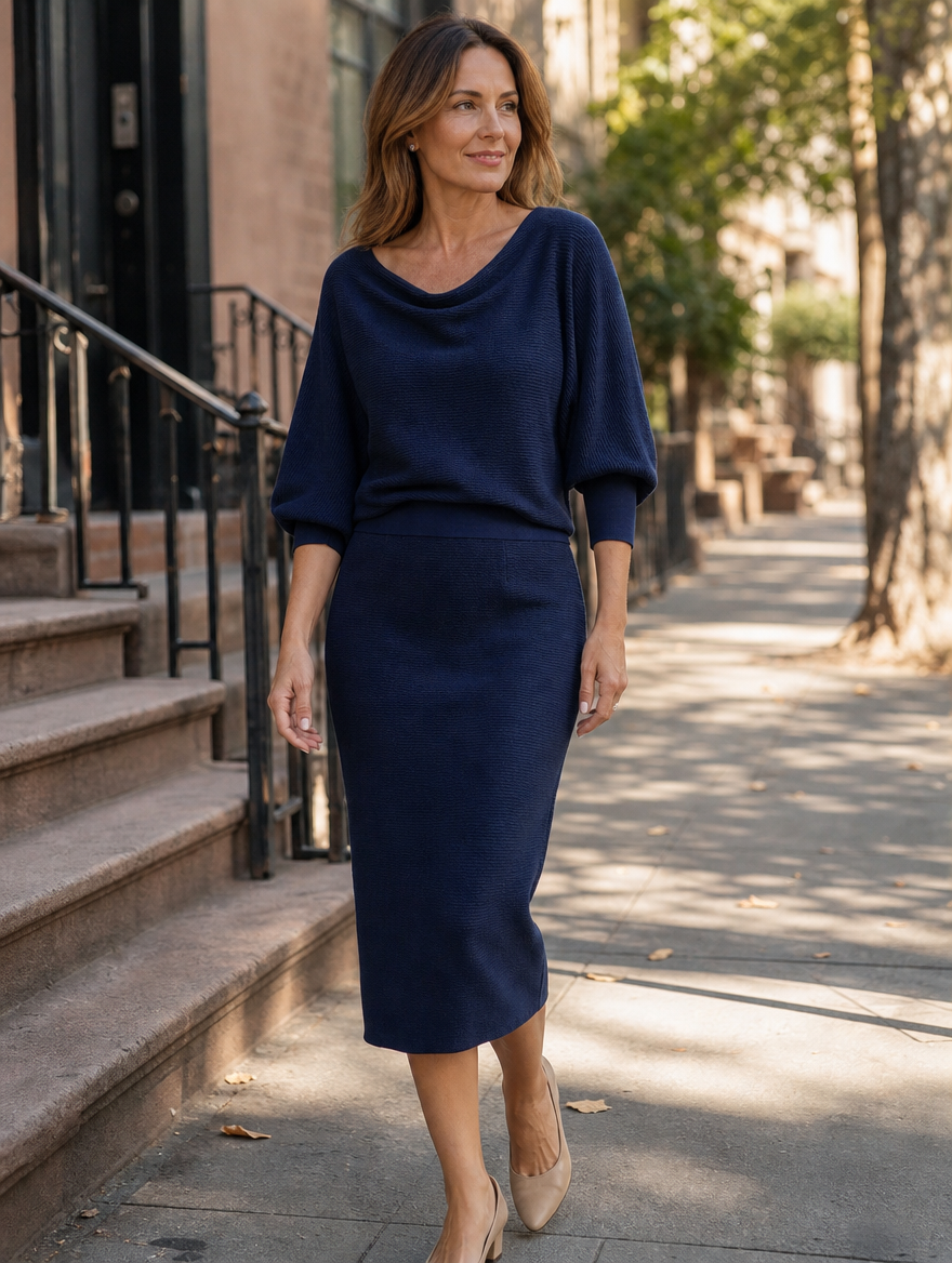 Abito Midi da Donna con Maniche a Pipistrello Drappeggiate | Vestito Elegante a Tubino Morbido