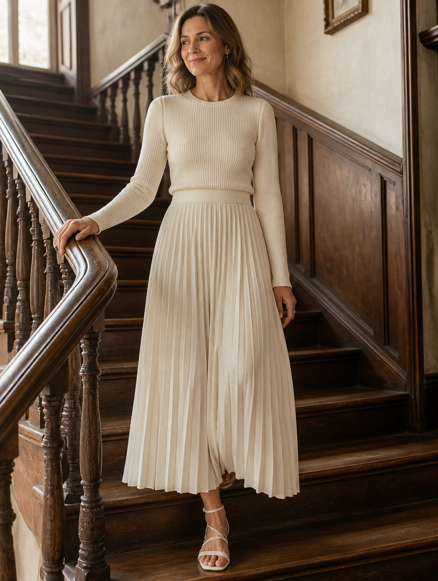Abito Midi da Donna in Maglia a Costine con Gonna Plissettata | Vestito Elegante a Maniche Lunghe