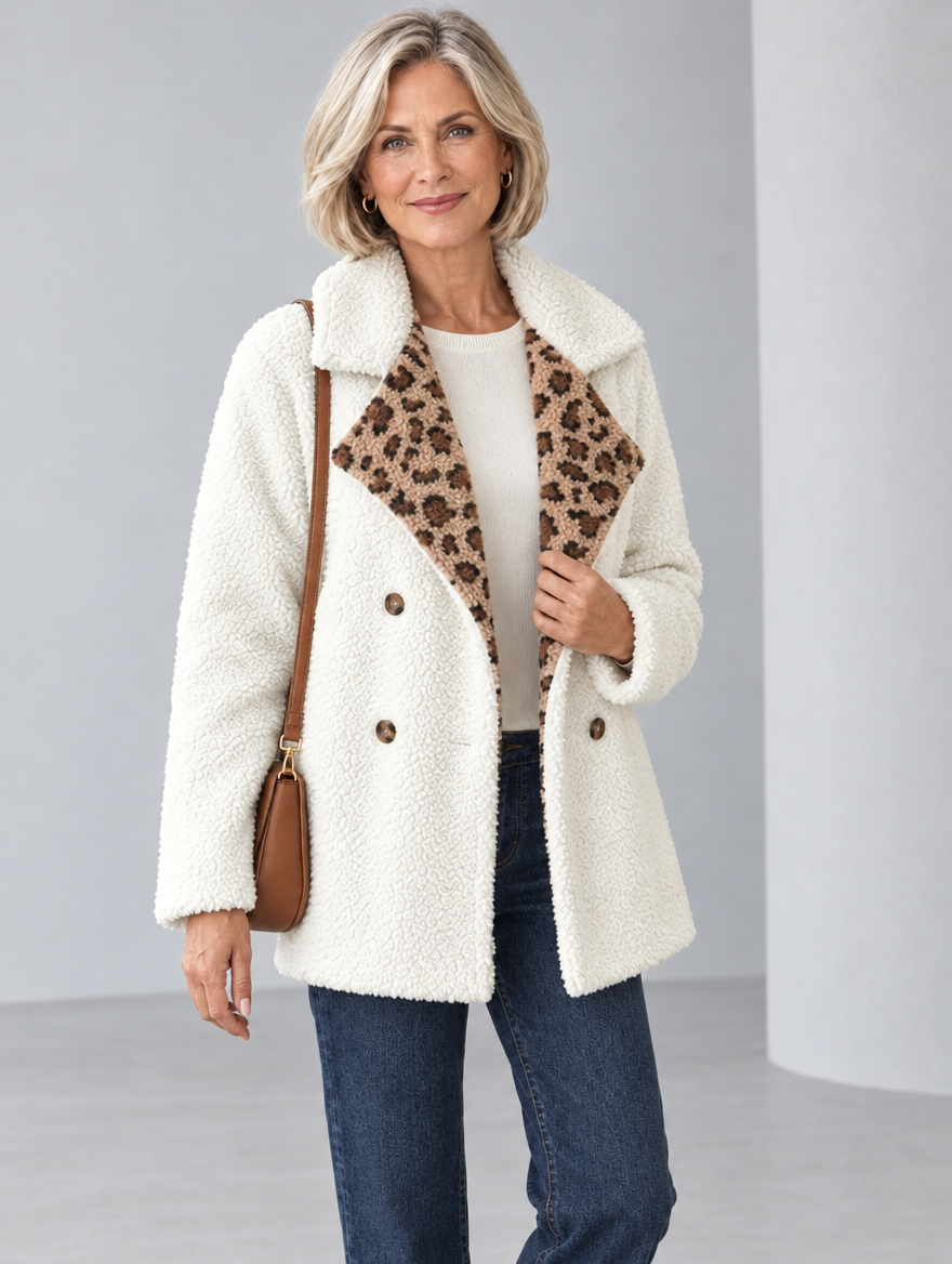 Cappotto Teddy Corto da Donna in Soffice Pelliccia Sintetica con Revers Leopardati | Giacca Cappotto Calda Doppiopetto a Bottoni