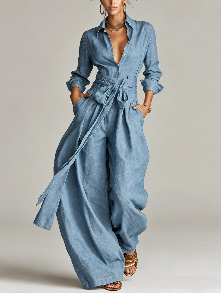 Completo Due Pezzi da Donna con Pantaloni a Gamba Larga e Cintura Annodata | Set Coordinato Elegante