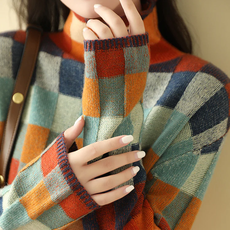 Maglione da Donna a Collo Rialzato con Motivo a Quadri Retro Color-Block | Pullover Invernale Caldo in Maglia Morbida a Scacchi
