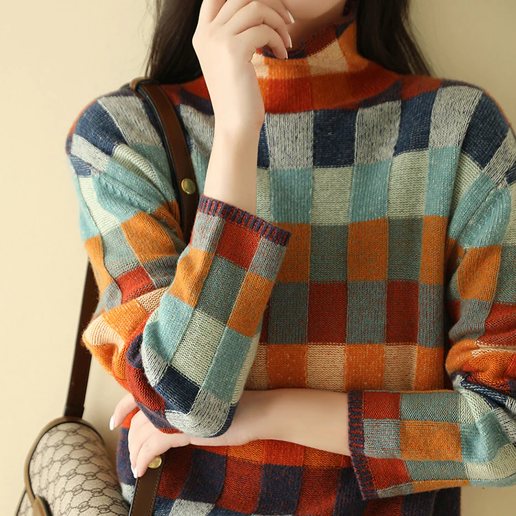 Maglione da Donna a Collo Rialzato con Motivo a Quadri Retro Color-Block | Pullover Invernale Caldo in Maglia Morbida a Scacchi