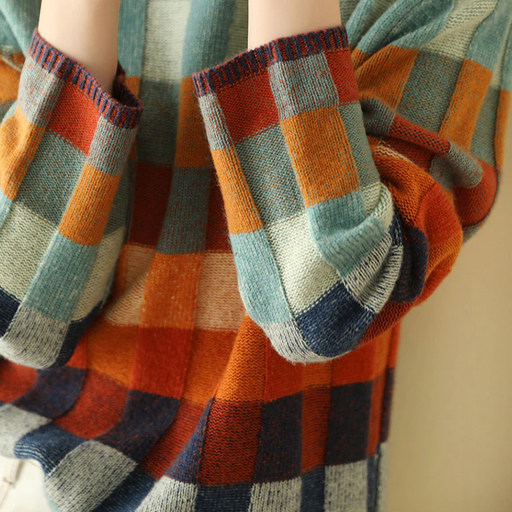 Maglione da Donna a Collo Rialzato con Motivo a Quadri Retro Color-Block | Pullover Invernale Caldo in Maglia Morbida a Scacchi