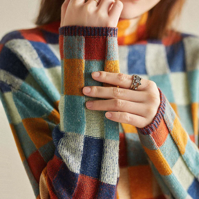 Maglione da Donna a Collo Rialzato con Motivo a Quadri Retro Color-Block | Pullover Invernale Caldo in Maglia Morbida a Scacchi