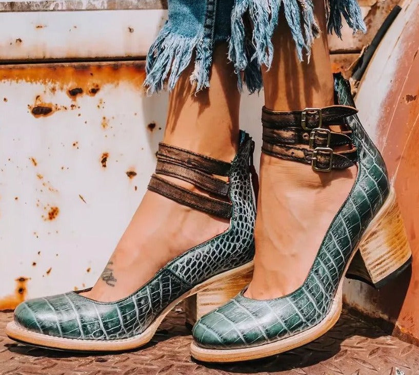 Scarpe Décolleté con Tacco Largo da Donna e Cinturini alla Caviglia con Fibbie | Scarpe Vintage a Tacco Medio Comode
