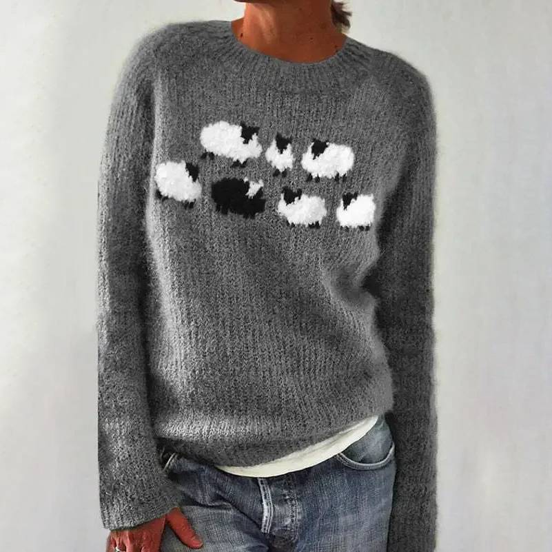 Maglione da Donna in Maglia Morbida con Motivo Pecorelle | Pullover Girocollo Caldo a Maniche Lunghe con Dettagli a Costine