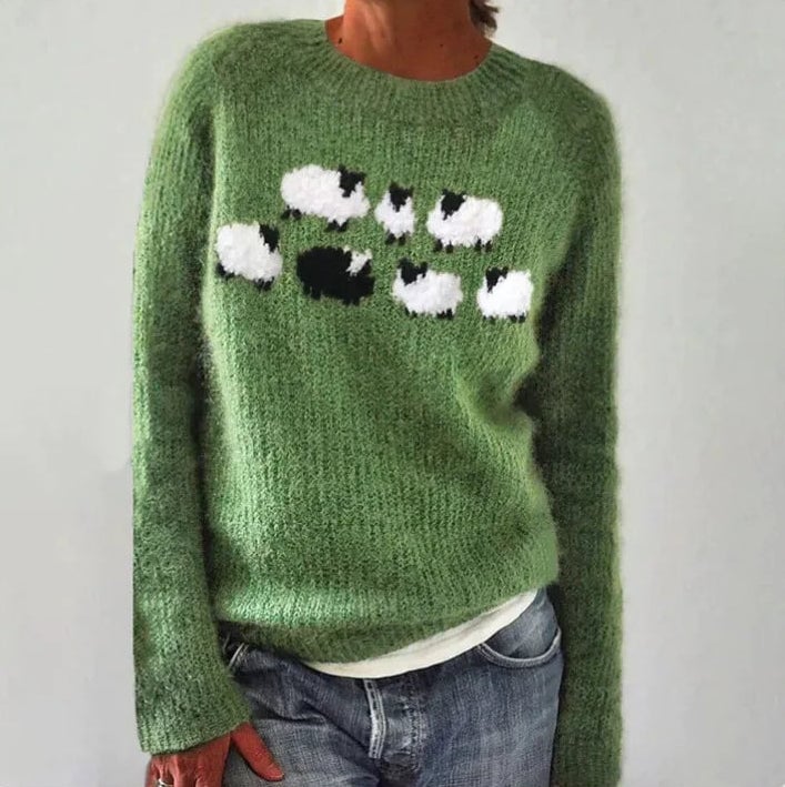 Maglione da Donna in Maglia Morbida con Motivo Pecorelle | Pullover Girocollo Caldo a Maniche Lunghe con Dettagli a Costine