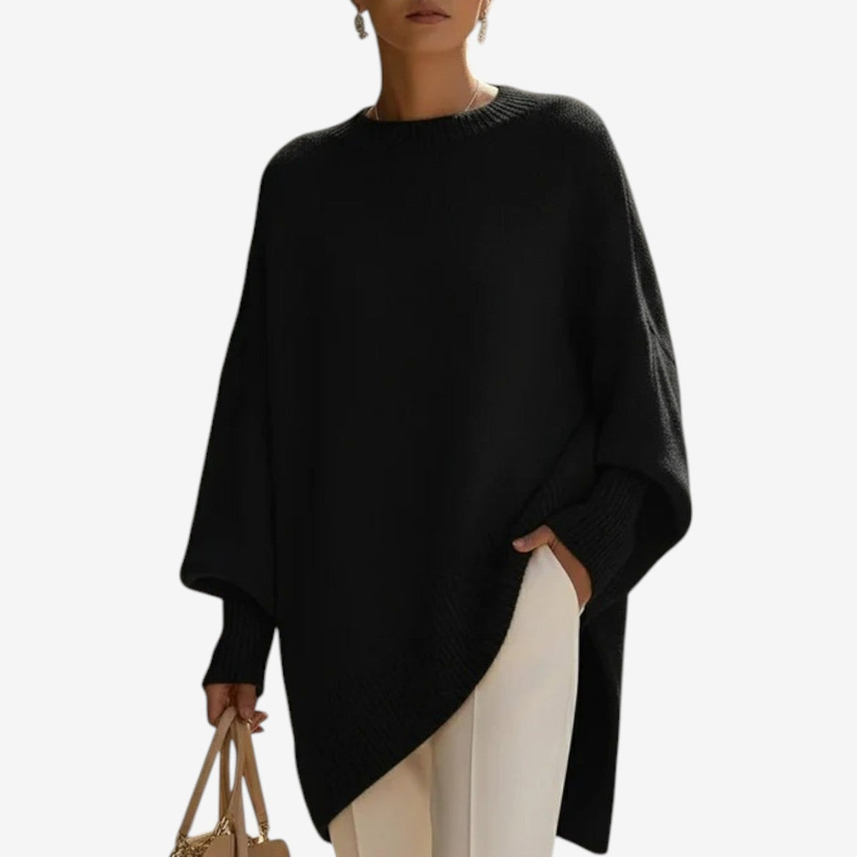 Maglione da Donna a Maniche a Pipistrello con Orlo Asimmetrico | Pullover Morbido Girocollo con Polsini a Costine
