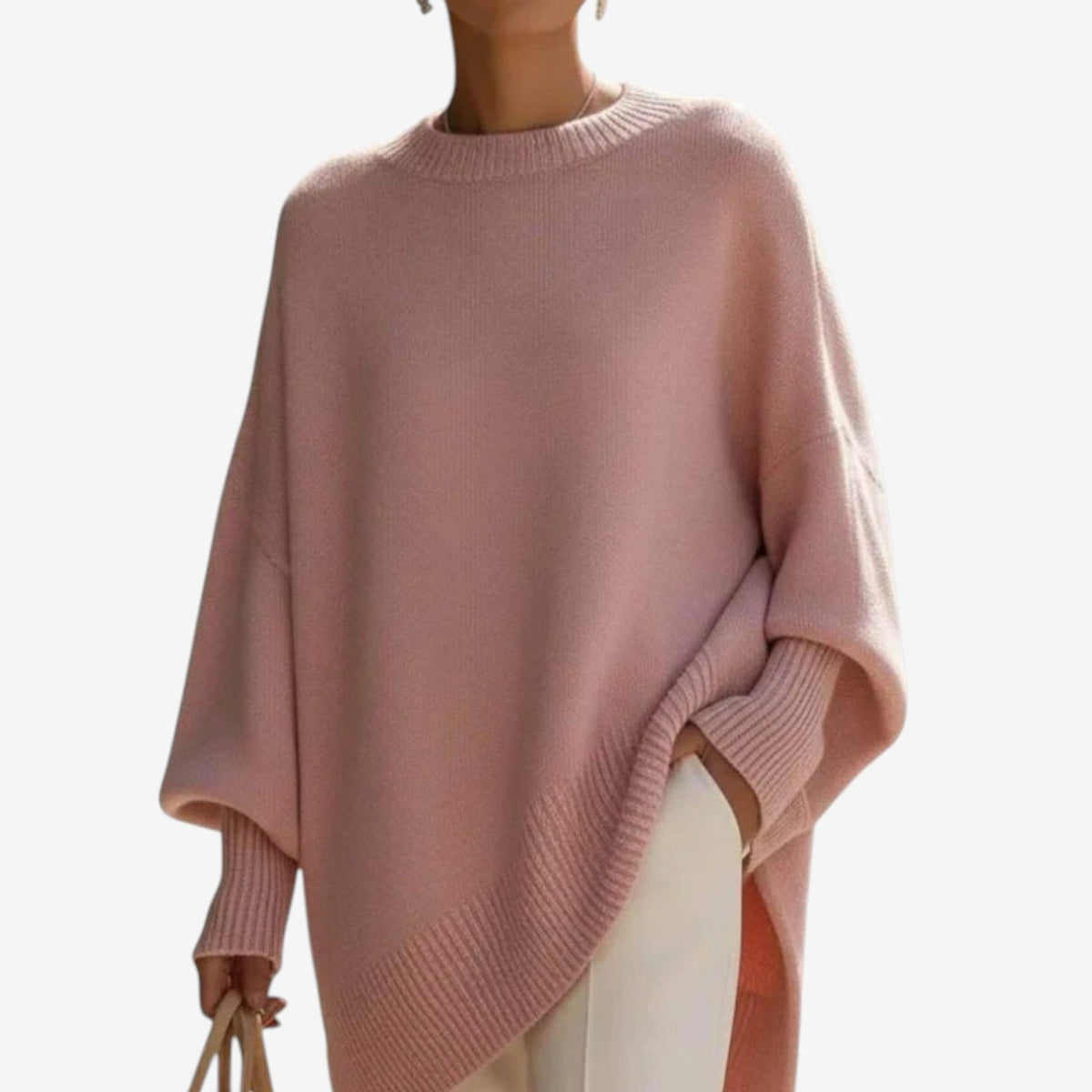 Maglione da Donna a Maniche a Pipistrello con Orlo Asimmetrico | Pullover Morbido Girocollo con Polsini a Costine