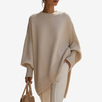 Maglione da Donna a Maniche a Pipistrello con Orlo Asimmetrico | Pullover Morbido Girocollo con Polsini a Costine