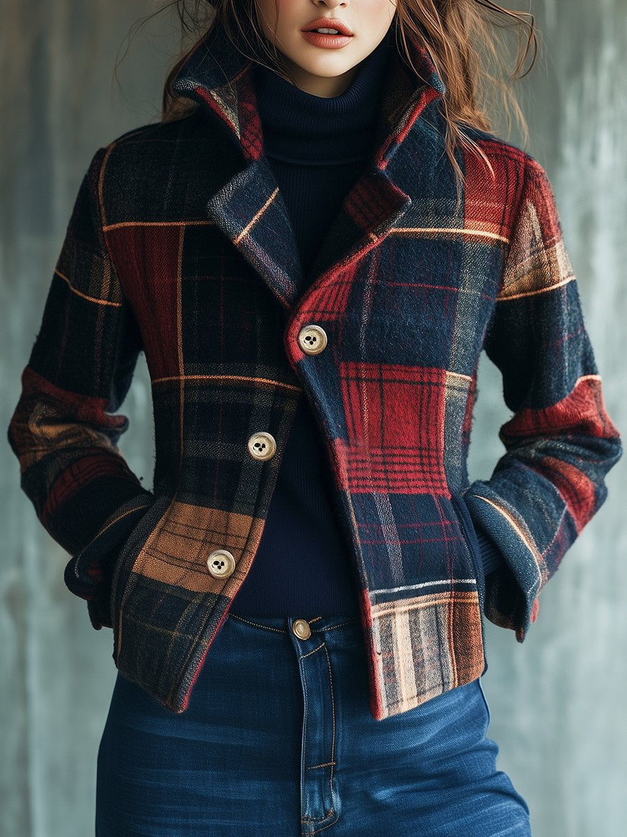 Giacca Corta da Donna a Quadri Tartan con Colletto a Revers e Bottoni | Giacchino Invernale Caldo in Tessuto Pettinato con Tasche