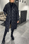 Cappotto Lungo Trapuntato da Donna a Rombi con Fodera Leopardata | Soprabito Imbottito Invernale con Revers e Bottoni Automatici