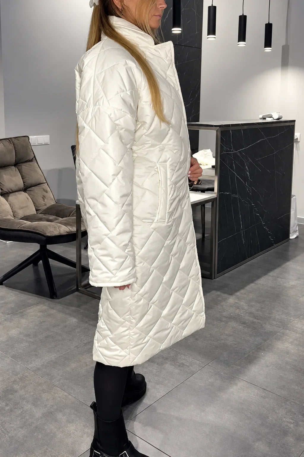 Cappotto Lungo Trapuntato da Donna a Rombi con Fodera Leopardata | Soprabito Imbottito Invernale con Revers e Bottoni Automatici