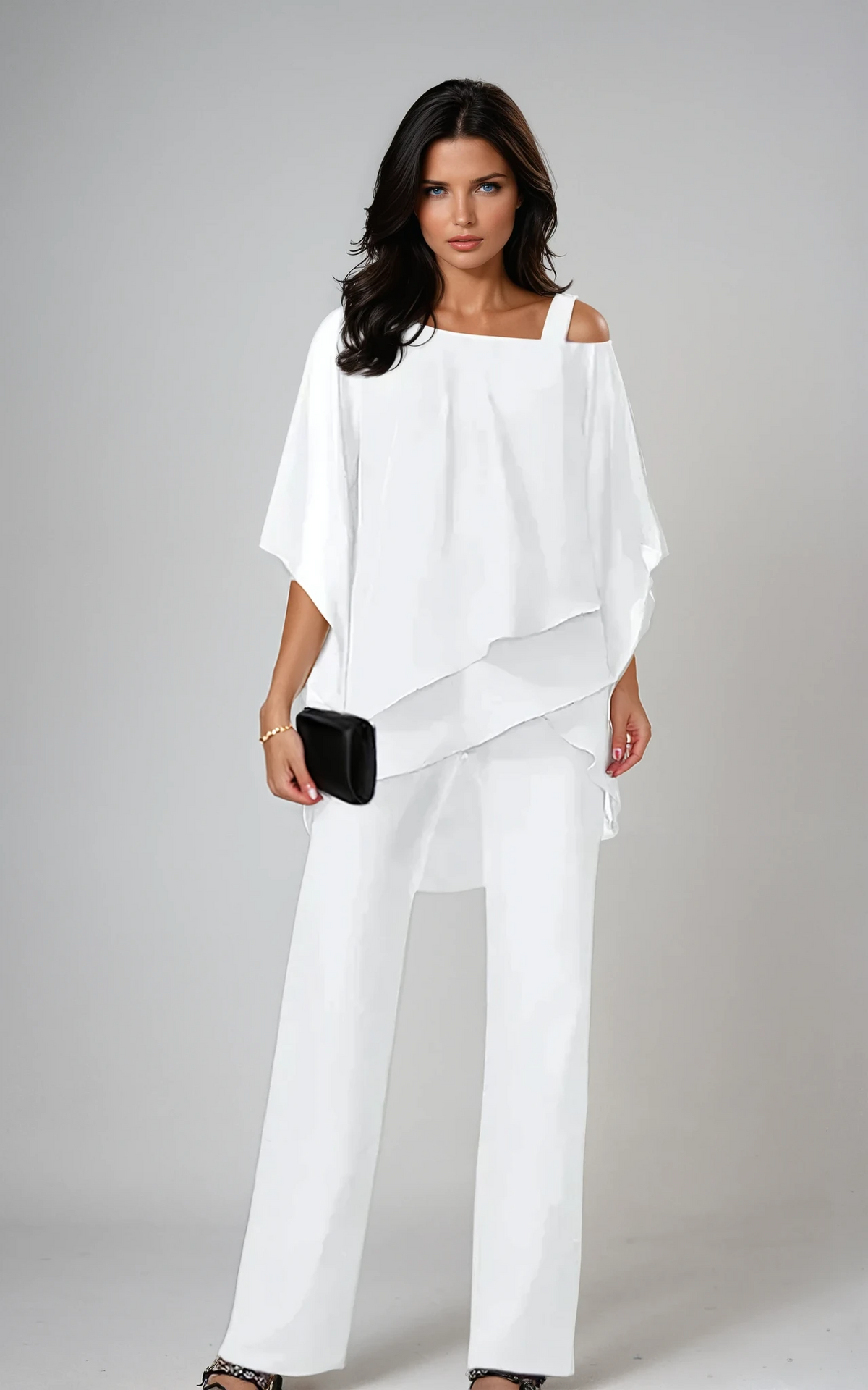 Completo elegante 2 pezzi donna con top asimmetrico e pantaloni a palazzo