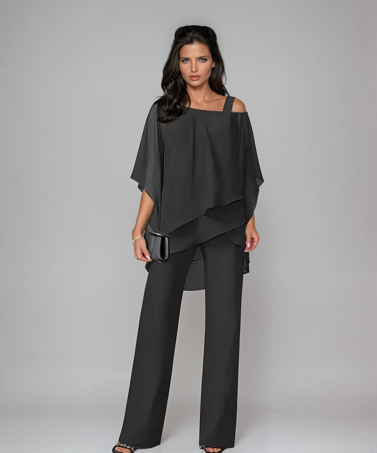 Completo elegante 2 pezzi donna con top asimmetrico e pantaloni a palazzo