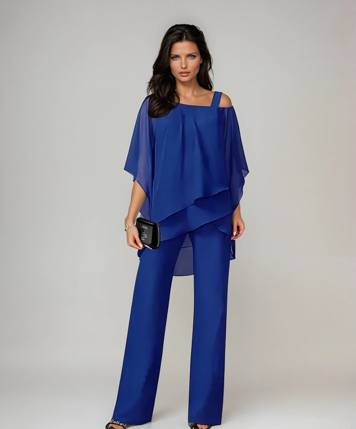 Completo elegante 2 pezzi donna con top asimmetrico e pantaloni a palazzo