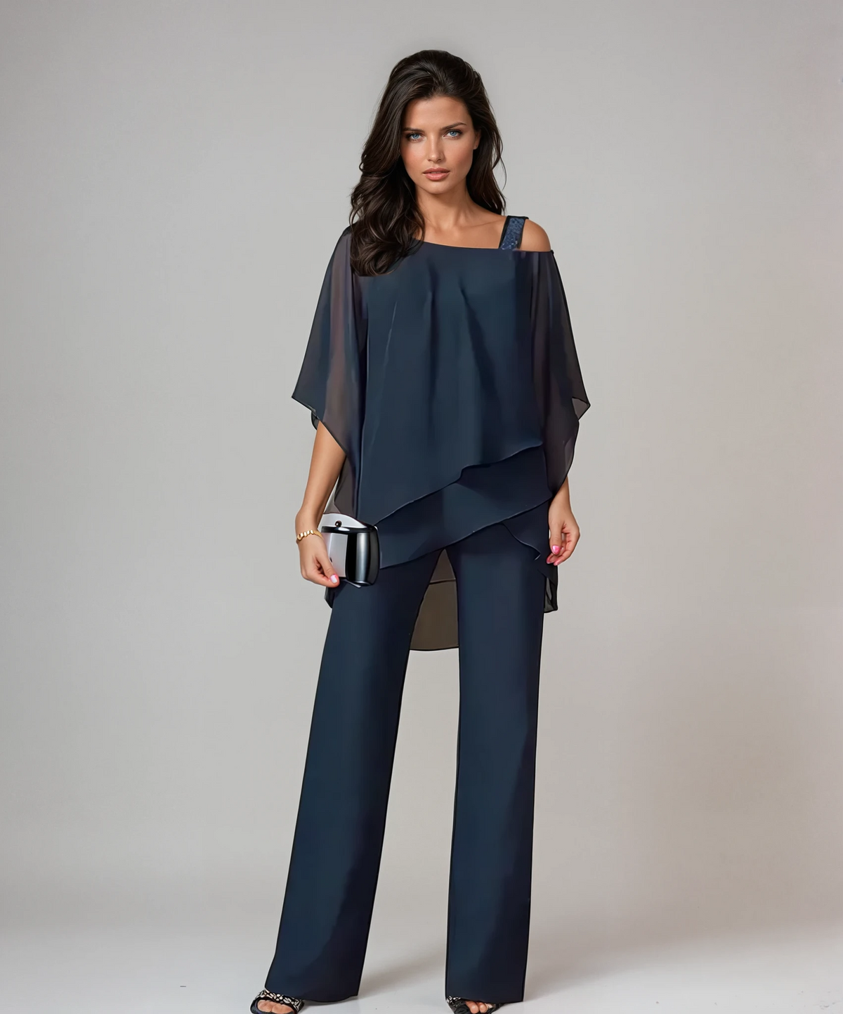 Completo elegante 2 pezzi donna con top asimmetrico e pantaloni a palazzo