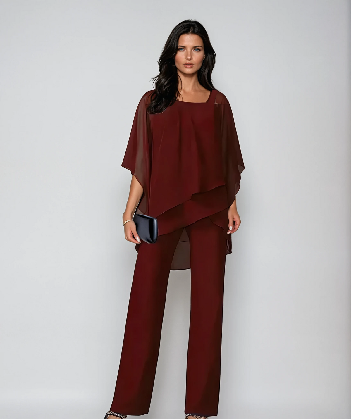 Completo elegante 2 pezzi donna con top asimmetrico e pantaloni a palazzo