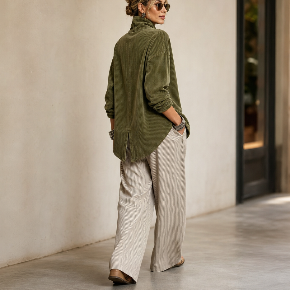Top da Donna in Velluto a Coste Asimmetrico con Collo a Imbuto | Camicia Morbida a Maniche Lunghe con Bottoni Diagonali e Tasche
