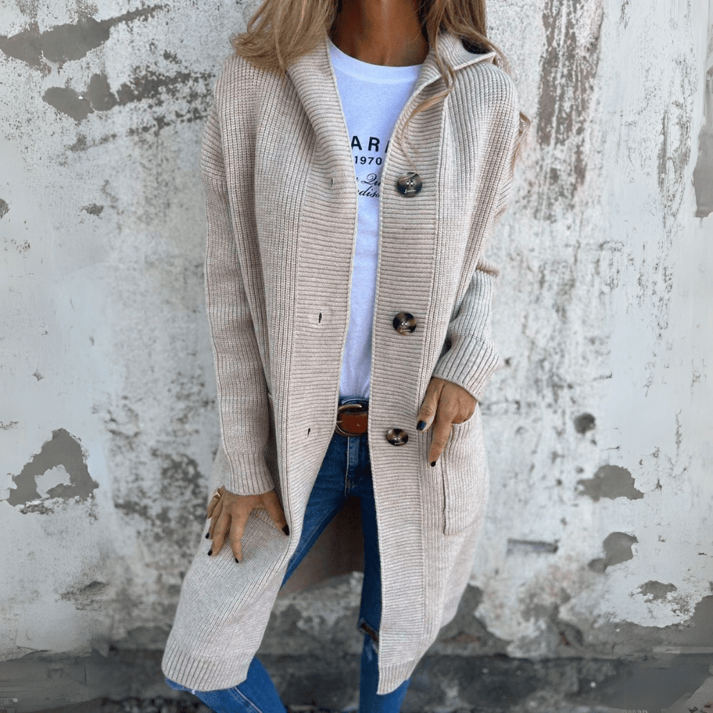 Cardigan Lungo da Donna in Maglia a Coste con Cappuccio e Bottoni | Cappotto Leggero in Maglieria con Tasche