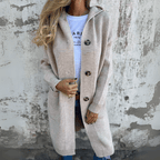 Cardigan Lungo da Donna in Maglia a Coste con Cappuccio e Bottoni | Cappotto Leggero in Maglieria con Tasche