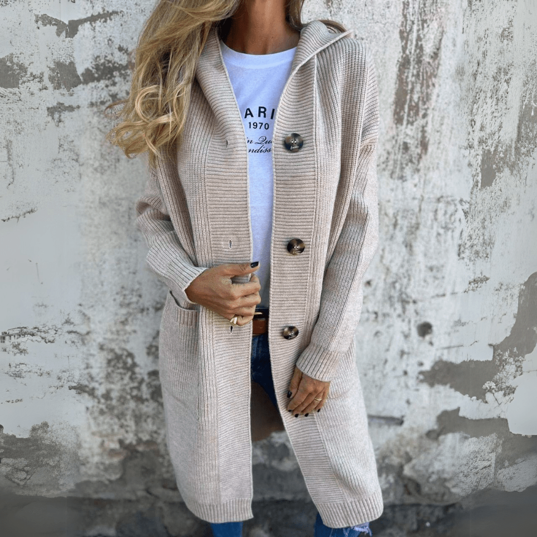 Cardigan Lungo da Donna in Maglia a Coste con Cappuccio e Bottoni | Cappotto Leggero in Maglieria con Tasche