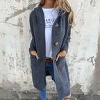 Cardigan Lungo da Donna in Maglia a Coste con Cappuccio e Bottoni | Cappotto Leggero in Maglieria con Tasche