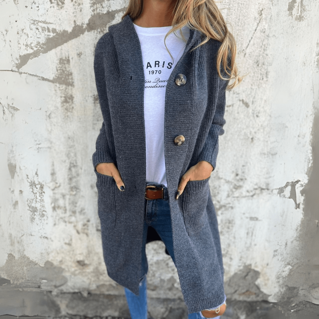 Cardigan Lungo da Donna in Maglia a Coste con Cappuccio e Bottoni | Cappotto Leggero in Maglieria con Tasche